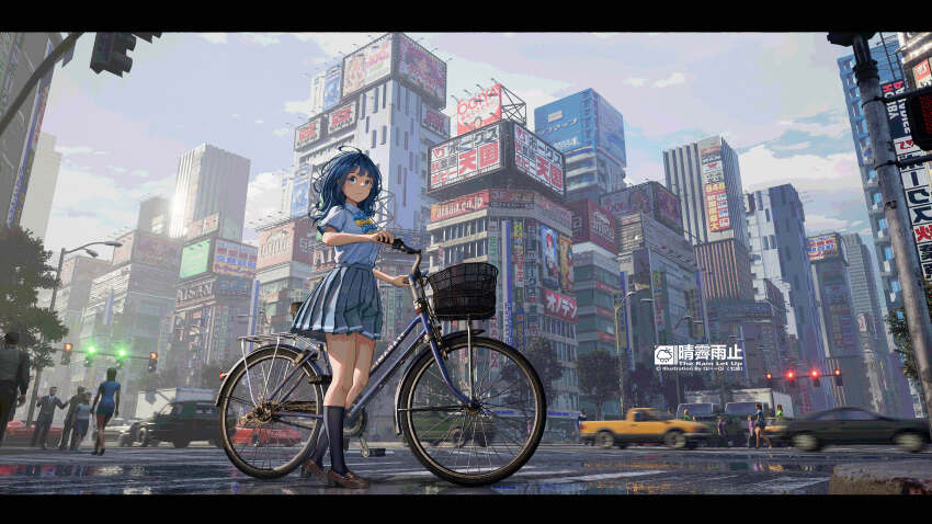 1girl absurdres ahoge bicycle bicycle_basket black_border black_socks blue_bow blue_bowtie blue_eyes blue_hair border bow bowtie brown_footwear building city cityscape cloud collared_shirt commentary_request from_below grey_skirt highres lamppost make_heroine_ga_oo_sugiru! medium_hair miniskirt motor_vehicle outdoors pleated_skirt qi==qi road scenery school_uniform shirt skirt sky skyscraper socks solo_focus street summer_uniform traffic_light tree white_shirt wide_shot yanami_anna yellow_bow yellow_bowtie