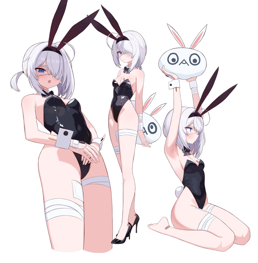 1girl absurdres ahoge animal_ears armpits arms_up bandaged_leg bandages bandaid bandaids_on_nipples bare_legs bare_shoulders bebetang black_footwear black_leotard black_survival blue_eyes bow bowtie breasts carrying detached_collar eternal_return:_black_survival eyepatch fake_animal_ears hair_over_one_eye hairband high_heels highleg highleg_leotard highres leotard looking_at_viewer medium_hair multiple_views pasties playboy_bunny profile rabbit_ears seiza simple_background sissela_kyle sitting small_breasts strapless strapless_leotard thighs white_background white_hair wrist_cuffs