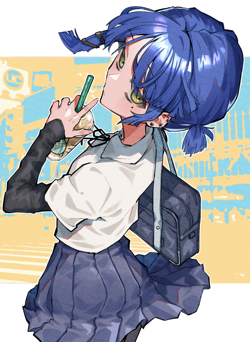 1girl bag black_bag black_ribbon black_shirt black_skirt blue_hair bocchi_the_rock! closed_mouth collared_shirt cup ear_piercing earrings from_behind hair_ornament hairpin highres holding holding_cup jewelry long_sleeves looking_at_viewer mole mole_under_eye neck_ribbon piercing pleated_skirt ribbon school_uniform scripco shimokitazawa_high_school_uniform shirt shirt_tucked_in short_hair short_sleeves shoulder_bag sidelocks skirt solo starbucks white_shirt yamada_ryo yellow_eyes