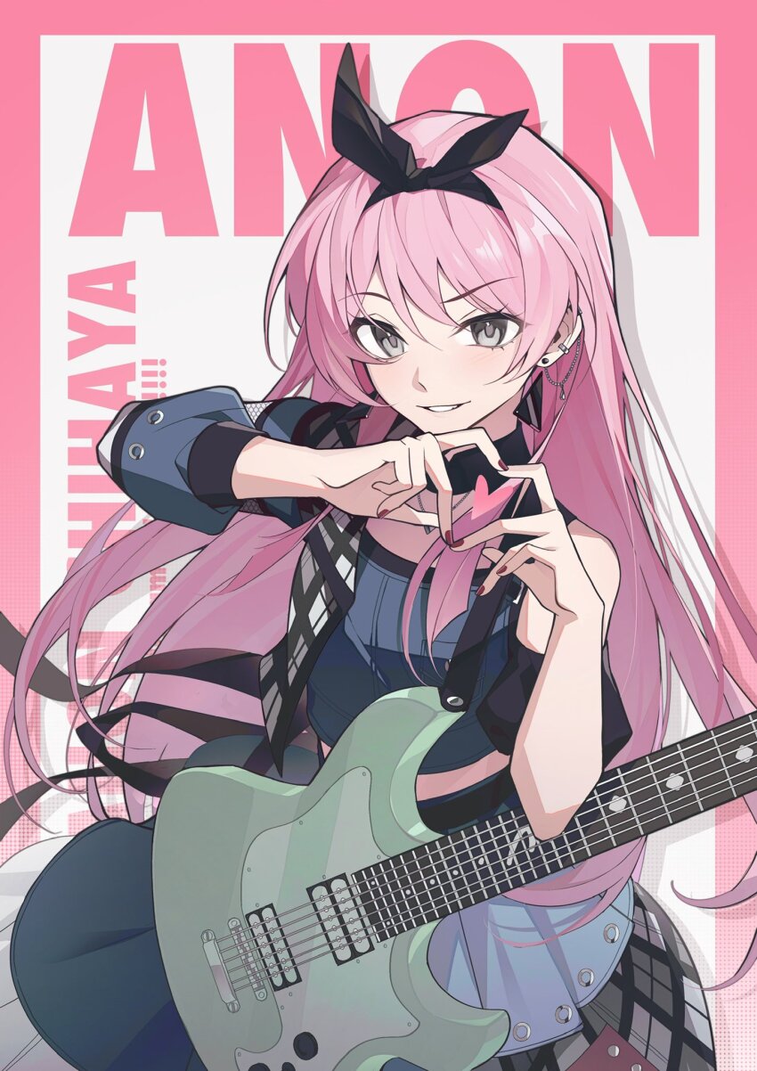 1girl asymmetrical_sleeves bang_dream! bang_dream!_it&#039;s_mygo!!!!! black_ribbon blue_shirt blue_skirt border chihaya_anon clothing_cutout commentary ear_piercing earrings electric_guitar grey_eyes grey_skirt guitar hair_between_eyes hair_ribbon hashtag-only_commentary heart heart_hands highres instrument instrument_request jewelry linked_piercing looking_at_viewer midriff nail_polish outside_border piercing pink_border pink_hair red_nails ribbon shirt shoulder_cutout skirt solo tomatoo7