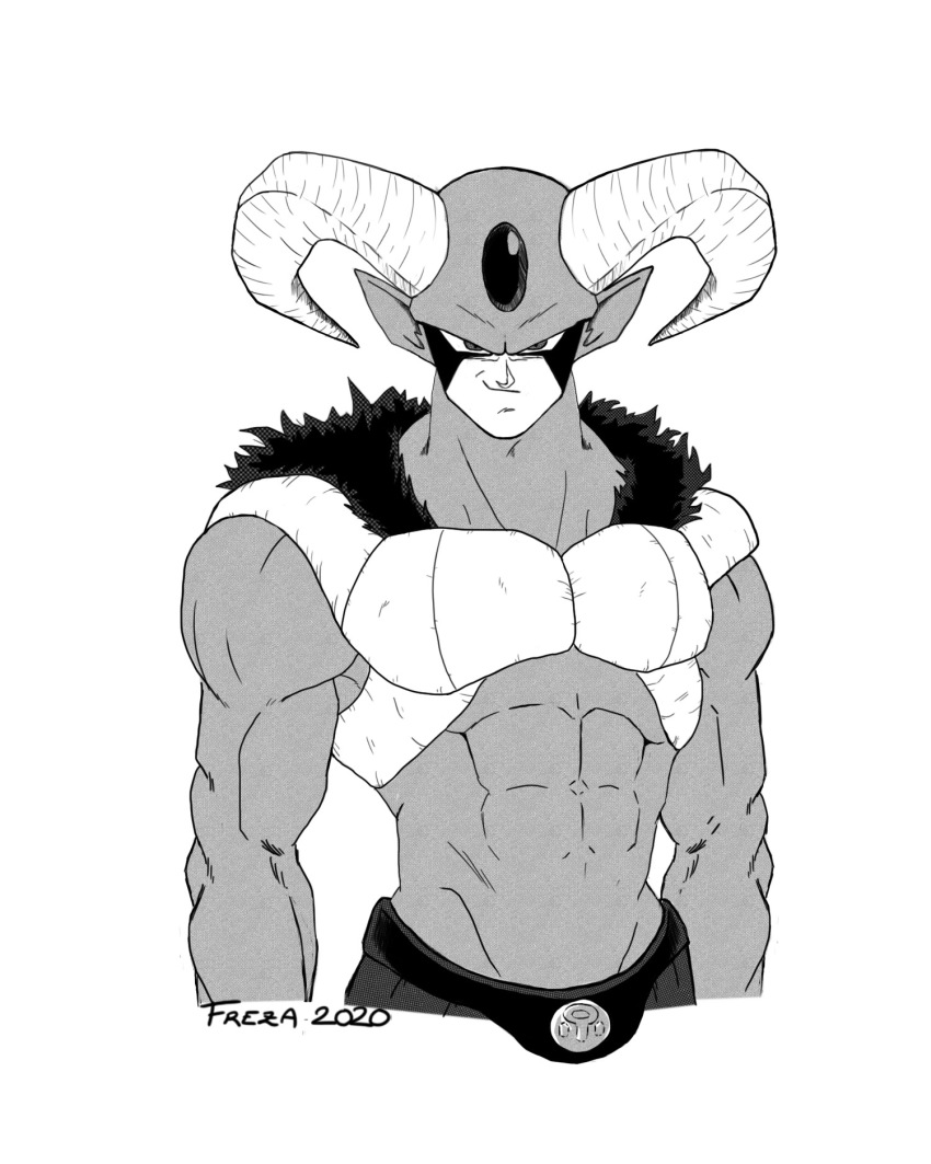 1boy abs arms_at_sides artist_name belt closed_mouth commentary_request dragon_ball dragon_ball_super forehead_jewel freza fur greyscale highres horns male_focus monochrome moro_(dragon_ball) muscular pointy_ears smirk solo upper_body