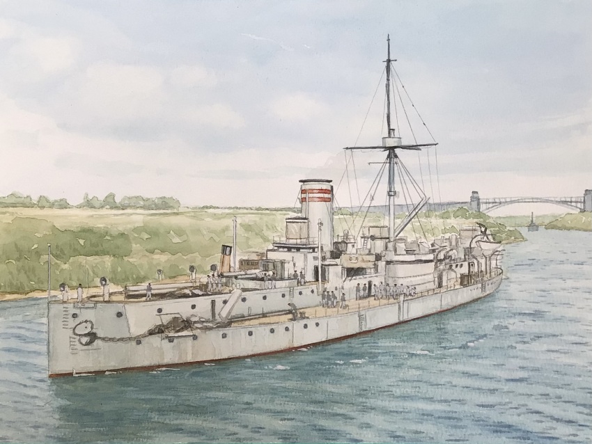 atelier_bono bridge canal cannon highres imperial_german_navy ironclad kiel_canal mast military_vehicle original painting_(medium) ship smokestack sms_sachsen_(1877) traditional_media vehicle_focus warship watercolor_(medium) watercraft