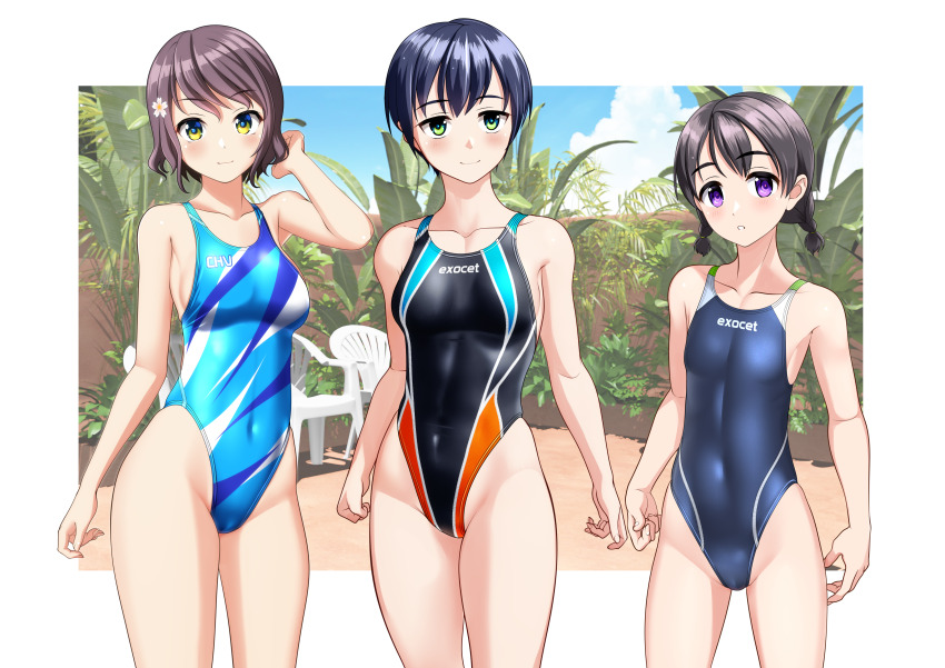 3girls absurdres aqua_one-piece_swimsuit black_hair black_one-piece_swimsuit blue_eyes blue_one-piece_swimsuit blue_sky braid breasts chair clothes_writing cloud collarbone commentary_request competition_swimsuit covered_navel cowboy_shot day feet_out_of_frame flower gradient_eyes green_eyes grey_eyes groin hair_flower hair_ornament highleg highleg_one-piece_swimsuit highres lane_line looking_at_viewer low_twintails medium_breasts medium_hair multicolored_clothes multicolored_eyes multicolored_swimsuit multiple_girls one-piece_swimsuit original outdoors plant purple_eyes short_hair sky small_breasts smile standing swimsuit takafumi twin_braids twintails