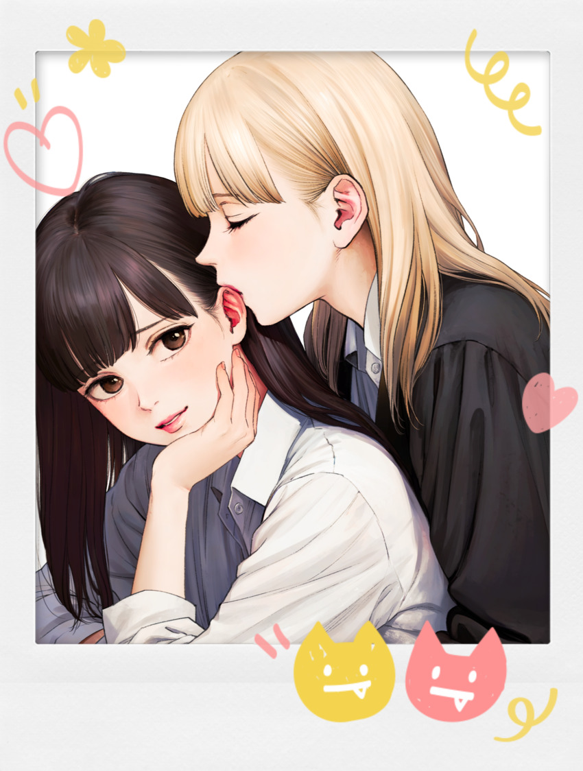 2girls aria_(vampeerz) black_hair blonde_hair brown_eyes closed_eyes collared_shirt hand_on_own_chin higashiyama_shou highres ichika_(vampeerz) kissing_ear light_blush long_hair looking_at_another multiple_girls parted_lips photo_(object) shirt sleeves_rolled_up upper_body vampeerz white_background white_shirt yuri