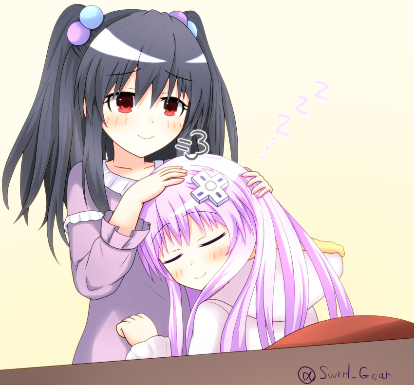 bed black_hair bon_bons breasts gekijigen_tag:_blanc_+_neptune_vs_zombie_gundan hair_ornament hairclip highres long_hair nepgear nepnep_connect:_chaos_chanpuru neptune_(series) night_gown pajarams pillow purple_hair red_eyes ribbon small_breasts smile swirl_gear tsundere twintails two_side_up uni_(neptunia) wall yellow_wall