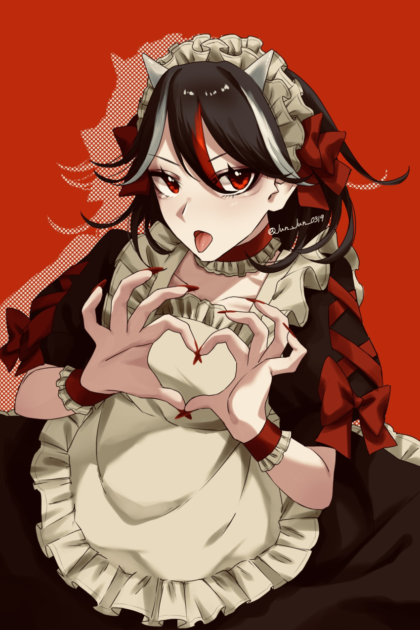 1girl apron black_hair choker fingernails hair_between_eyes heart heart_hands highres horns jun_jun_0319 kijin_seija long_fingernails looking_at_viewer maid maid_apron maid_headdress medium_hair multicolored_hair red_background red_eyes red_hair red_nails short_sleeves solo tongue tongue_out touhou white_hair