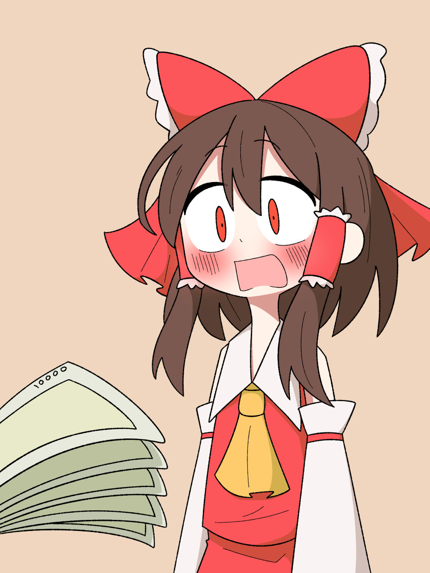 1girl absurdres ascot banknote blush bow brown_background brown_hair burlap_farming commentary detached_sleeves flustered frilled_bow frilled_hair_tubes frills hair_bow hair_ribbon hair_tubes hakurei_reimu highres medium_hair money open_mouth red_bow red_eyes red_skirt ribbon ribbon-trimmed_sleeves ribbon_trim simple_background skirt surprised symbol-only_commentary touhou yellow_ascot