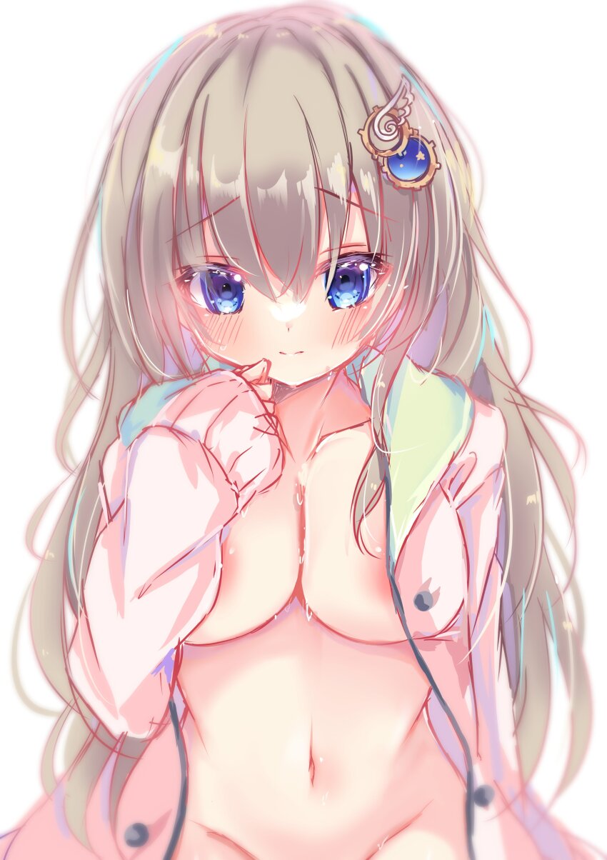 1girl 9-nine- absurdres areola_slip arm_at_side blue_eyes blush breasts cardigan cleavage closed_mouth eyes_visible_through_hair gear_hair_ornament groin hair_between_eyes hand_up highres kujou_miyako large_breasts light_brown_hair long_hair looking_at_viewer naked_cardigan navel nekota_min out-of-frame_censoring pink_cardigan raised_eyebrows shy simple_background sketch sleeves_past_wrists solo split_mouth star_(symbol) star_print sweat tsurime upper_body very_long_hair wavy_hair white_background wing_hair_ornament