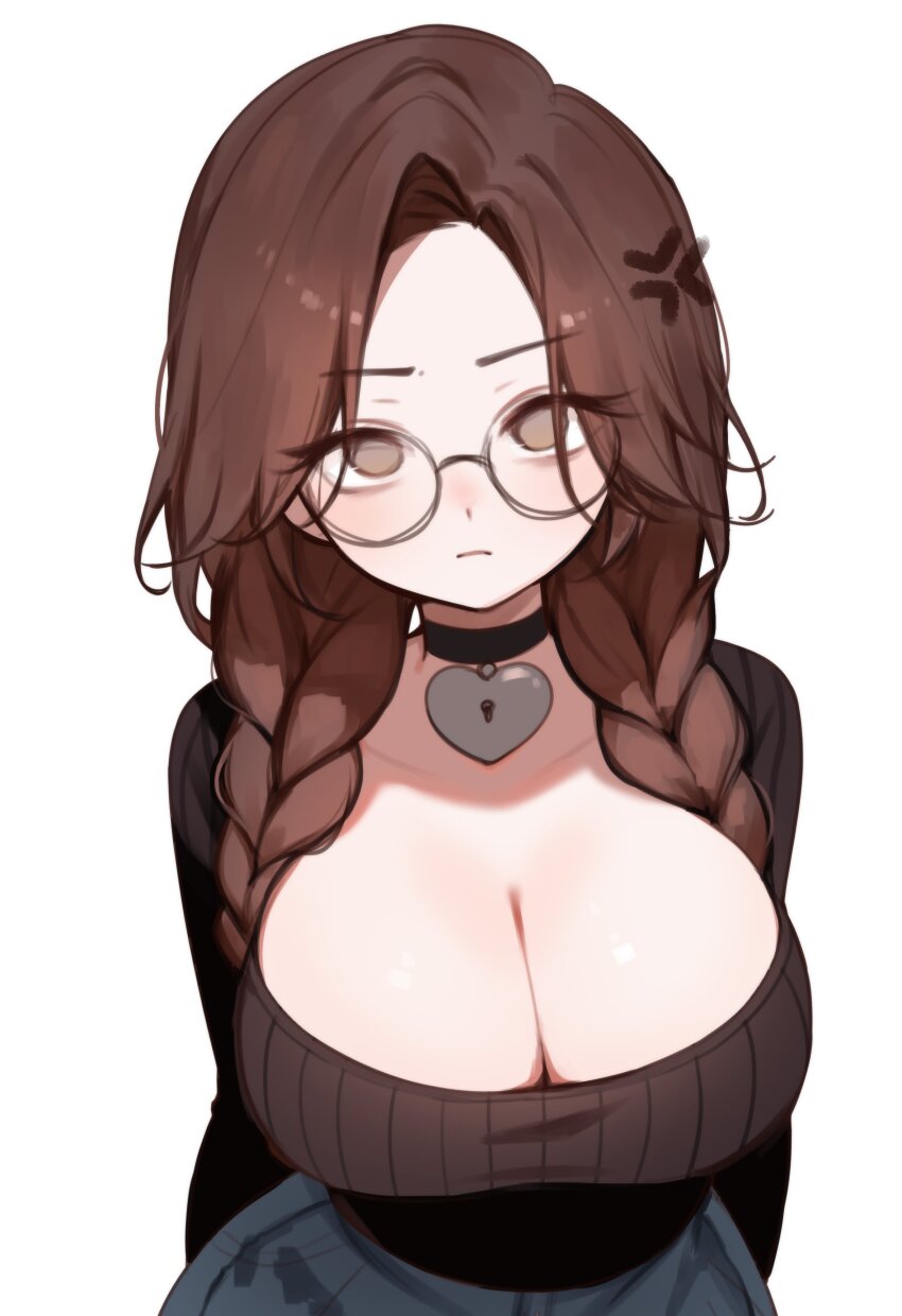 1girl absurdres breasts brown_hair cleavage frown highres indie_virtual_youtuber large_breasts long_hair looking_at_viewer parted_bangs simple_background sky_above_me sky_above_me_(vtuber) solo virtual_youtuber