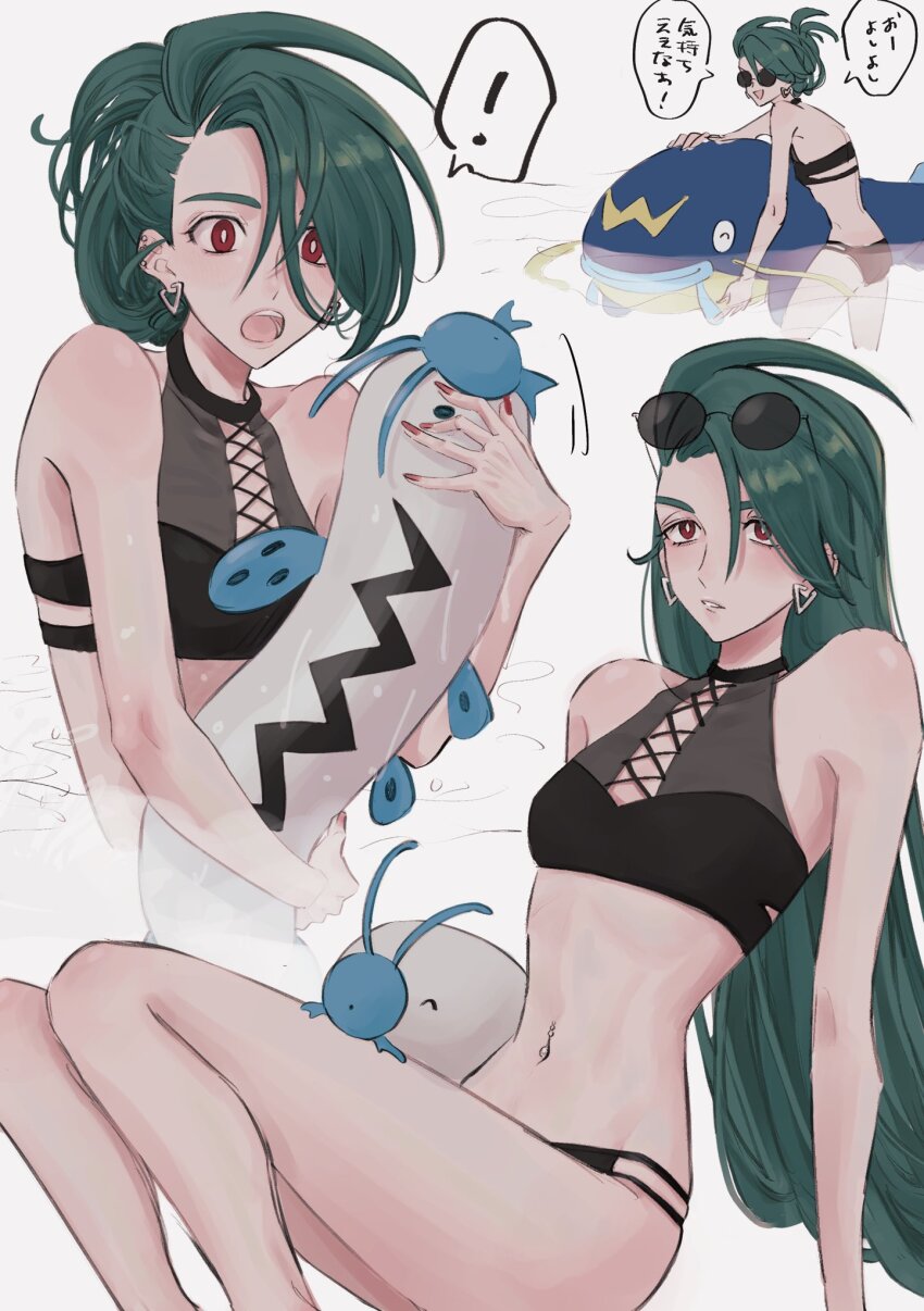 ! 1girl animal barboach bikini black_bikini blue_skin breasts bright_pupils catfish chestnut_mouth closed_mouth colored_skin creatures_(company) dot_mouth ear_piercing earrings eyewear_on_head fingernails fins fish full_body game_freak gen_3_pokemon green_hair grey_skin highres holding holding_pokemon in_water jewelry kansaiben long_fingernails long_hair mtkpasta nail_polish navel navel_piercing nintendo open_mouth oversized_animal parted_lips piercing pokemon pokemon_(creature) pokemon_sv red_eyes red_nails rika_(pokemon) sharp_fingernails single_letter small_breasts smile solid_oval_eyes speech_bubble spoken_exclamation_mark sunglasses swimsuit translation_request triangle_earrings water wet whiscash whiskers white_pupils zig-zag_pattern