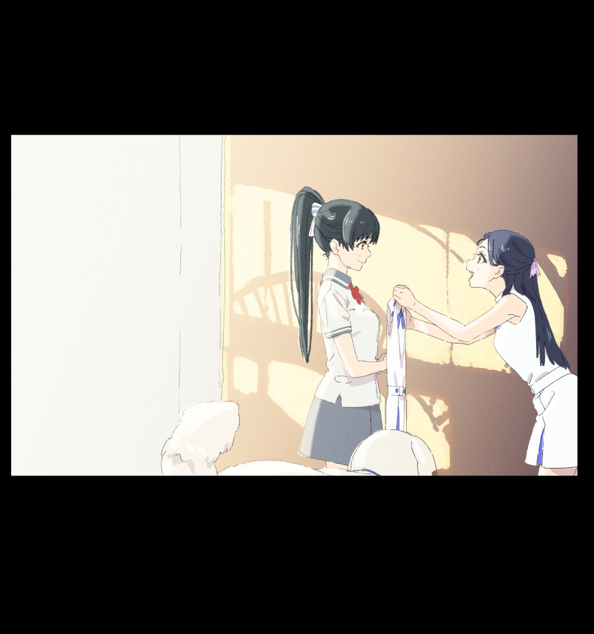 2girls absurdres black_border black_hair border bow bowtie chibi_(love_live!_superstar!!) closed_mouth commentary dog dress eye_contact grey_skirt half_updo hazuki_hana hazuki_ren high_ponytail highres holding holding_unworn_clothes holding_unworn_dress leaning_forward long_hair looking_at_another love_live! love_live!_superstar!! miniskirt mother_and_daughter multiple_girls open_mouth pleated_skirt pocket ponytail profile red_bow red_bowtie saitou_atsushi_(kamatamanankotu) school_uniform short_sleeves skirt sleeveless sleeveless_dress smile summer_uniform unworn_dress white_dog white_dress window_shadow wish_song_(love_live!) yuigaoka_music_program_school_uniform