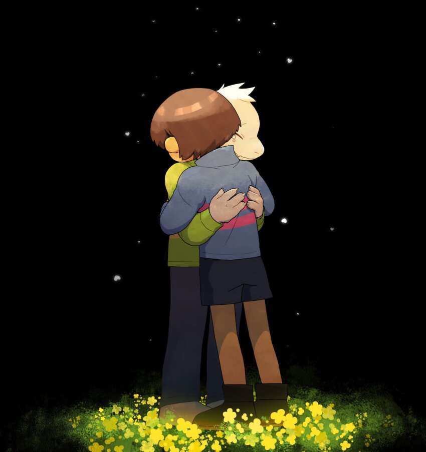 1boy 1other asriel_dreemurr black_background blue_sweater body_fur brown_hair child claws commentary_request flower frisk_(undertale) full_body furry furry_male green_sweater highres hug mutual_hug neko_gokoro short_hair shorts standing sweater turtleneck turtleneck_sweater undertale white_fur yellow_flower