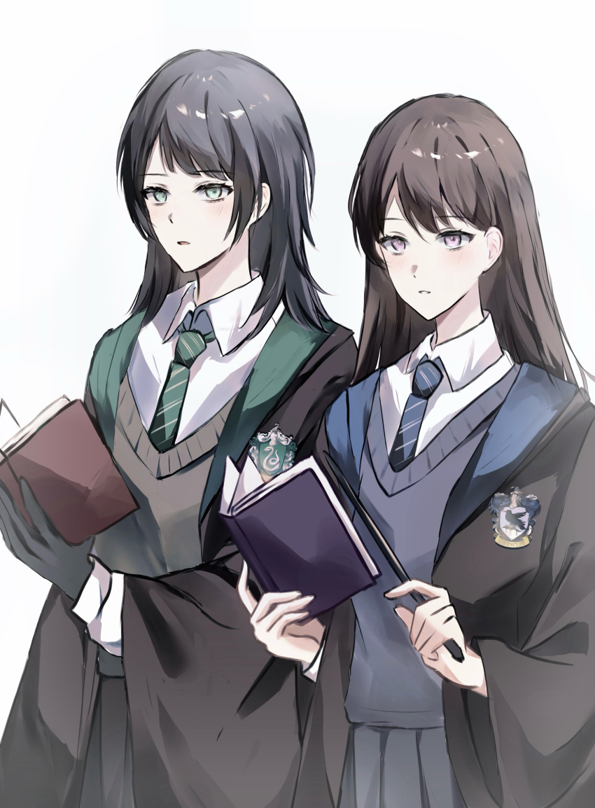 2girls absurdres bang_dream! bang_dream!_it&#039;s_mygo!!!!! black_gloves black_hair black_robe blue_necktie blue_sweater_vest blush book brown_hair brown_sweater_vest chinese_commentary commentary_request diagonal-striped_clothes diagonal-striped_necktie gloves green_eyes green_necktie grey_skirt highres hogwarts_school_uniform holding holding_wand long_hair long_sleeves medium_hair multiple_girls necktie no_mole open_book open_clothes open_mouth open_robe purple_eyes robe school_uniform shiina_taki shirt simple_background skirt striped_clothes sweater_vest wand white_background white_shirt wizarding_world yahata_umiri yingdaoyicha