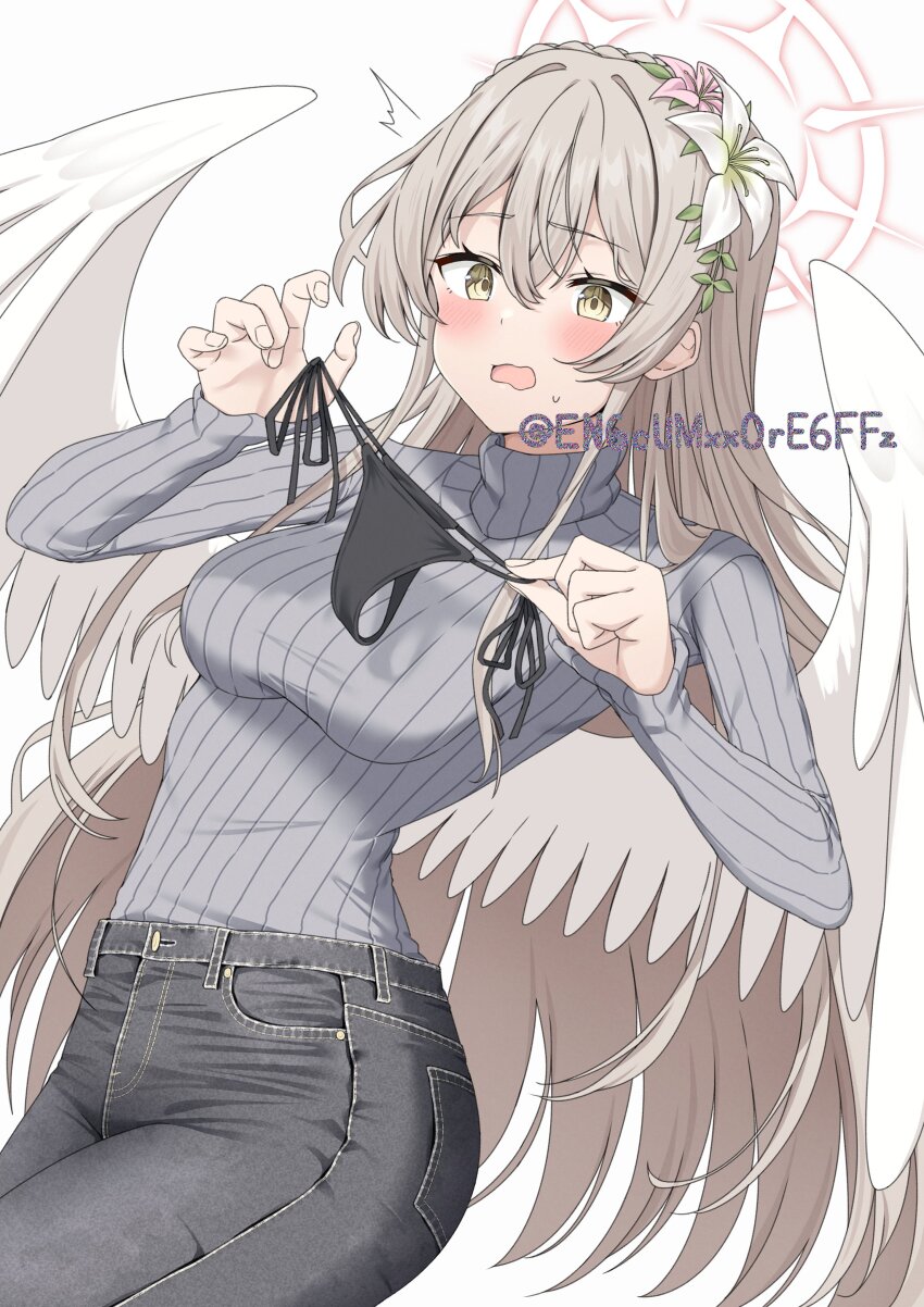 1girl ^^^ absurdres alternate_costume angel_wings black_panties blue_archive blush breasts commentary cowboy_shot crossed_bangs denim dutch_angle feathered_wings flower flustered grey_hair grey_pants grey_shirt hair_between_eyes hair_flower hair_ornament halo highres holding holding_unworn_clothes holding_panties holding_underwear holding_unworn_clothes jeans long_hair long_sleeves medium_breasts nagisa_(blue_archive) open_mouth panties pants pink_flower pink_halo ribbed_shirt shirt shirt_tucked_in side-tie_panties simple_background solo standing sweatdrop thong turtleneck turtleneck_shirt twitter_username underwear very_long_hair wavy_mouth white_background white_flower white_wings wings yamano_rokamizu