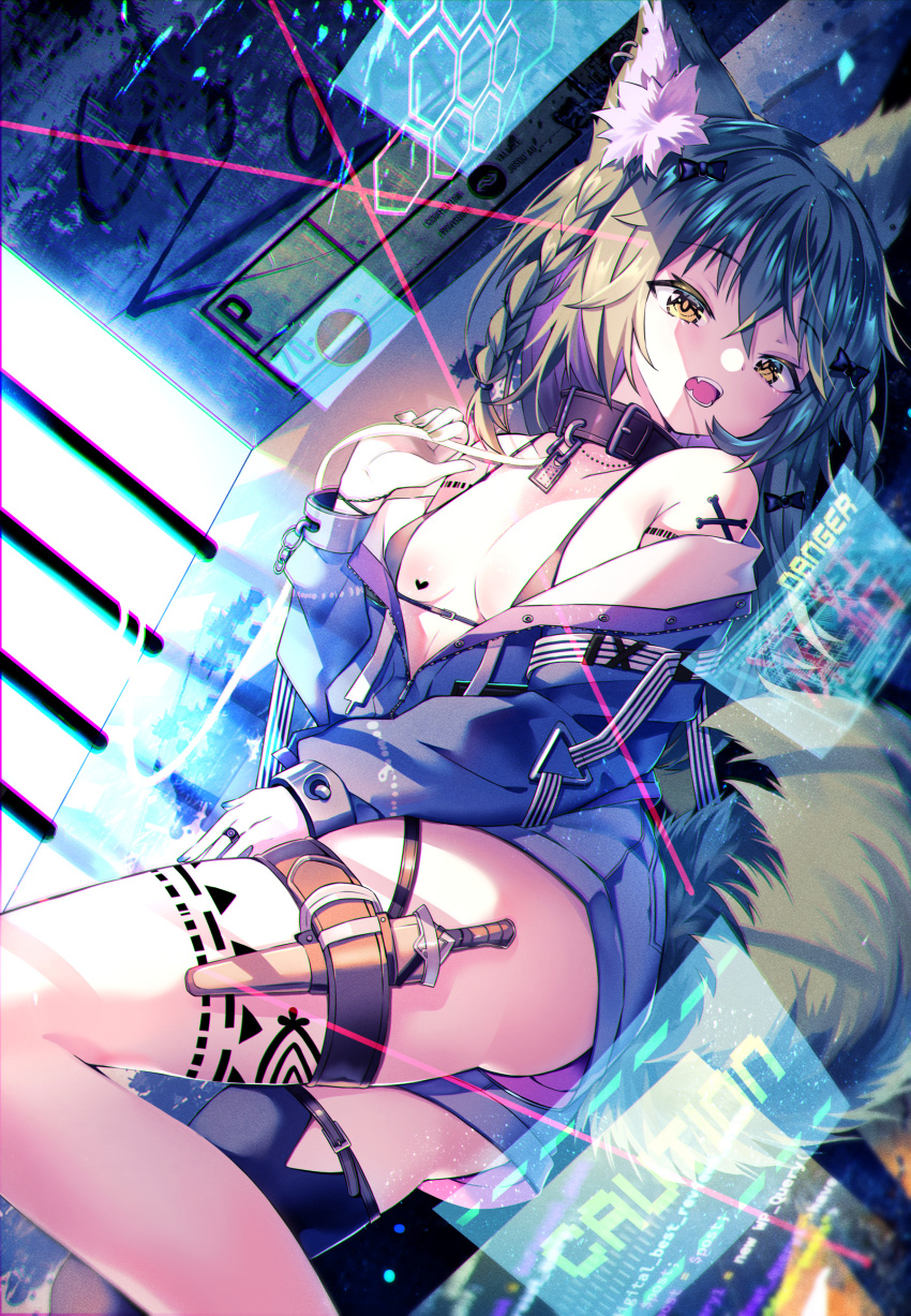 07touka25 absurdres animal_ears bare_shoulders bikini black_bikini black_choker black_thighhighs blue_jacket braid breasts choker cleavage green_hair hair_between_eyes highres jacket knife large_breasts leg_belt open_mouth original swimsuit tail thigh_strap thighhighs weapon yellow_eyes