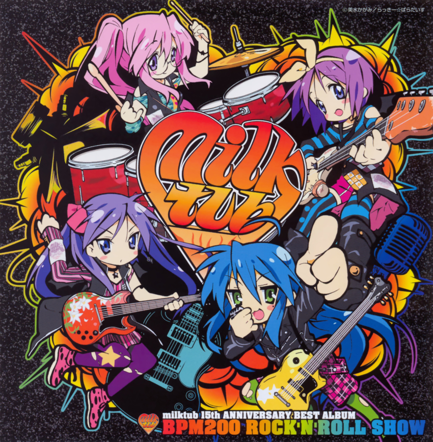 ahoge album_cover bass_guitar blue_hair choker copyright_name cover drum drum_set drumsticks electric_guitar english_text fender_jazz_bass floating gibson_les_paul gibson_sg green_eyes guitar hair_ribbon highres hiiragi_kagami hiiragi_tsukasa holding holding_drumsticks horiguchi_yukiko instrument izumi_konata jacket leather leather_jacket long_hair looking_at_viewer lucky_star microphone music non-web_source official_art pink_hair playing_instrument pointing ponytail purple_eyes purple_hair ribbon scan sidelocks simple_background star_(symbol) striped_clothes takara_miyuki twintails very_long_hair