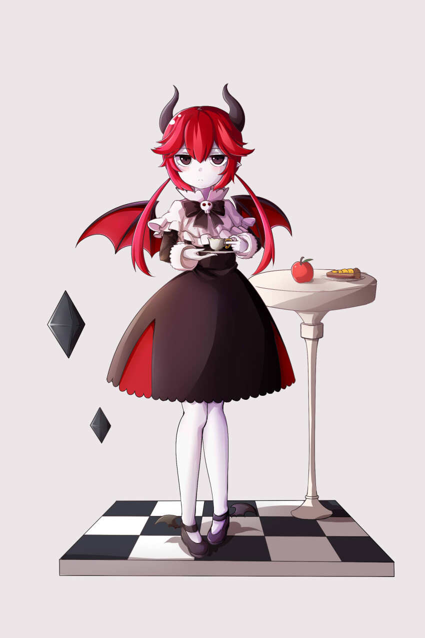 1girl absurdres ankle_wings apple apple_pie black_bow black_bowtie black_dress bow bowtie brown_eyes capelet checkered_floor closed_mouth colored_skin crystal cup demon demon_girl demon_horns demon_wings dialo_(funamusea) dress expressionless food frilled_capelet frills fruit funamusea grey_background haiiro_teien highres holding holding_cup holding_plate horns jitome looking_at_viewer low_twintails nano_(mianhua_maoqiu) pie pie_slice plate pointy_ears red_hair sandals sidelocks simple_background skull solo table teacup twintails white_capelet white_skin wings