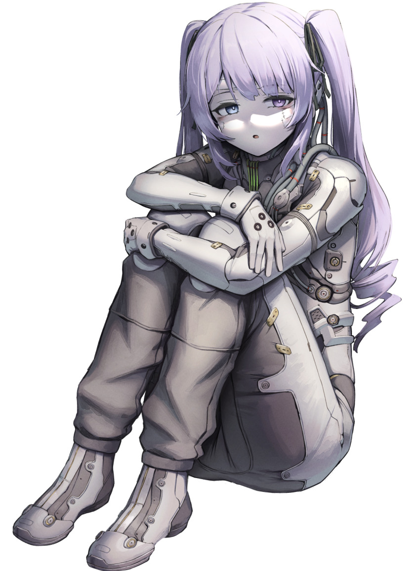 1girl armored_core armored_core_vi:_fires_of_rubicon bodysuit boots cable expressionless full_body grey_bodysuit grey_eyes heterochromia highres hugging_own_legs itaco knees_to_chest long_hair looking_to_the_side mecha_pilot_suit open_mouth purple_eyes purple_hair raven_(armored_core_6) science_fiction sitting solo transparent_background twintails