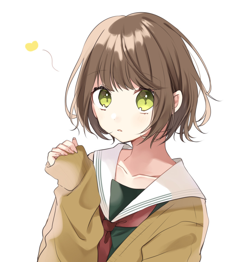 1girl absurdres black_shirt blush brown_hair brown_sweater collarbone green_eyes hachimitsu_honey hand_up highres long_sleeves looking_at_viewer original parted_lips red_neckwear sailor_collar shirt short_hair simple_background sleeves_past_wrists solo sweater upper_body white_background white_sailor_collar