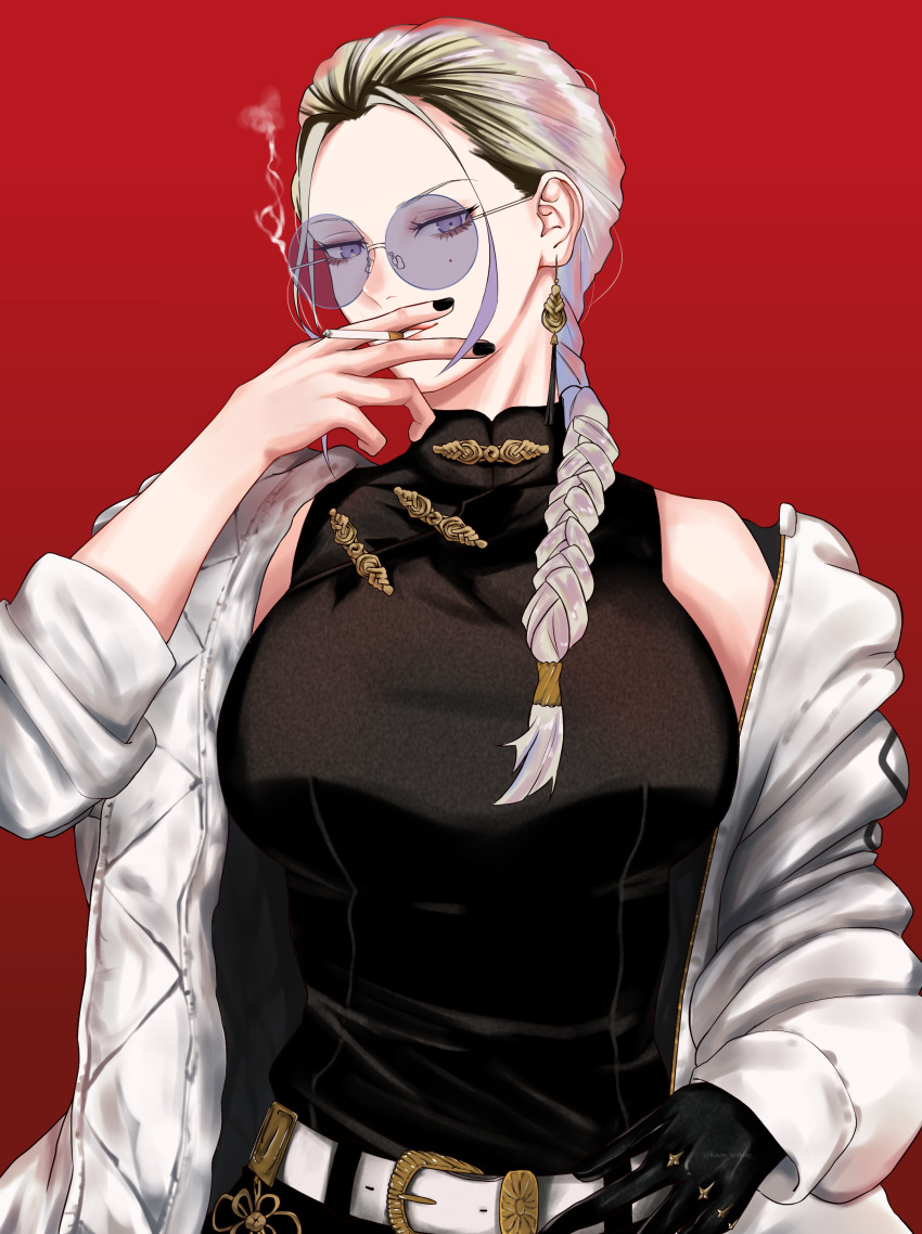 1girl absurdres braid glasses gokurakugai highres jacket knew_nothing long_hair looking_at_viewer old old_woman round_eyewear single_braid smoking solo tao_(gokurakugai) white_hair white_jacket