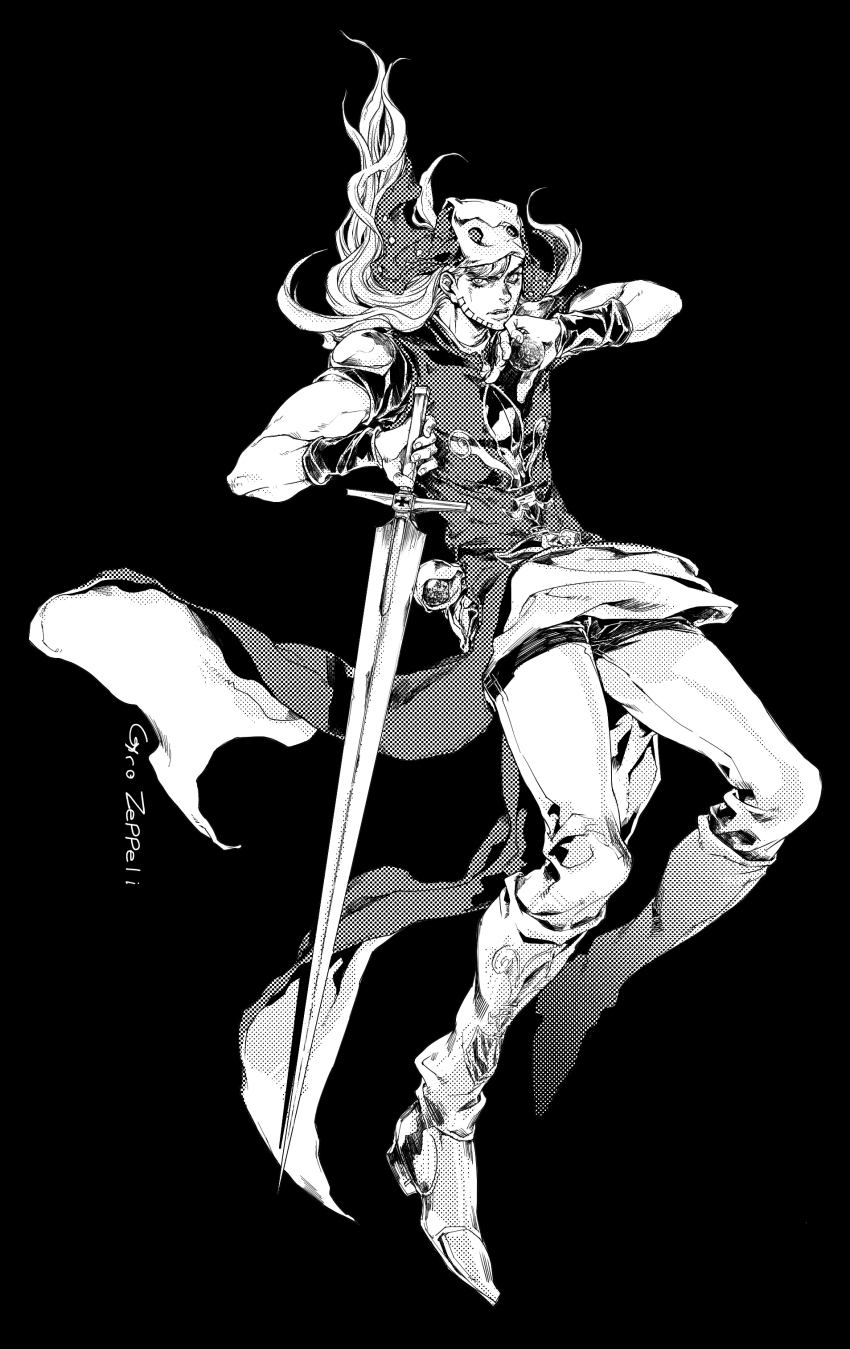 1boy absurdres beard boots bracer character_name executioner&#039;s_sword executioner_hood facial_hair fleur-de-lis greyscale gyro_zeppeli hat highres jojo_no_kimyou_na_bouken knee_boots long_hair monochrome official_alternate_costume pelvic_curtain seyo short_sleeves solo steel_ball_(jojo) steel_ball_run