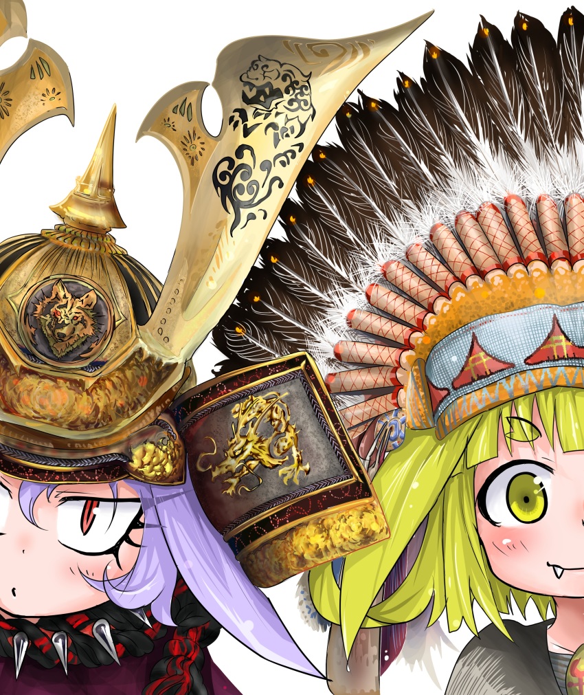 2girls absurdres animal_ears armor blonde_hair child collar commentary_request dog_ears doitsuken fang feathers fox_ears fox_girl headdress helmet highres japanese_armor kabuto_(helmet) multiple_girls native_american_headdress original ornate_armor purple_hair red_eyes short_hair simple_background slit_pupils spiked_collar spikes white_background wolf yellow_eyes