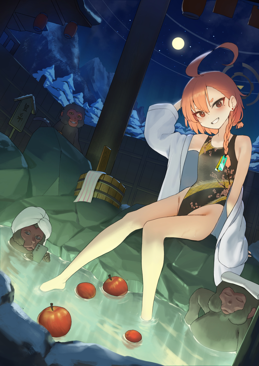 1girl absurdres arm_behind_back arm_behind_head bare_shoulders black_one-piece_swimsuit blue_archive blush braid breasts clothes_pull dragon_print earrings full_body grin groin hair_between_eyes hape highres jacket jacket_pull jewelry knees_together_feet_apart medium_hair mole mole_under_eye monkey neru_(blue_archive) night night_sky off_shoulder one-piece_swimsuit onsen orange_hair outdoors petite red_eyes single_braid sky small_breasts smile solo star_(sky) starry_sky swimsuit white_jacket