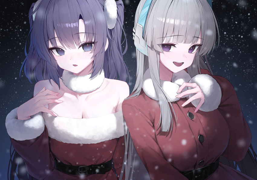 2girls :d :o absurdres alternate_costume blue_archive breasts cleavage dress fur-trimmed_dress fur-trimmed_sleeves fur_choker fur_trim grey_hair headgear highres huhi_(huhi_1211) jacket long_hair looking_at_viewer multiple_girls noa_(blue_archive) open_mouth purple_eyes purple_hair red_jacket santa_costume smile snowing straight_hair two_side_up upper_body very_long_hair yuuka_(blue_archive)