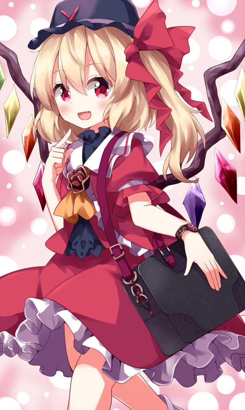 1girl :d ascot bag black_hat black_shirt blonde_hair blush bow brown_ascot cardigan commentary_request crystal_wings eyes_visible_through_hair fang feet_out_of_frame flandre_scarlet frilled_skirt frills hair_between_eyes hair_bow hand_up hat highres long_hair looking_at_viewer open_mouth pointing pointing_at_self puffy_short_sleeves puffy_sleeves red_bow red_cardigan red_eyes red_skirt ruu_(tksymkw) shirt short_sleeves shoulder_bag skirt smile solo standing touhou wings