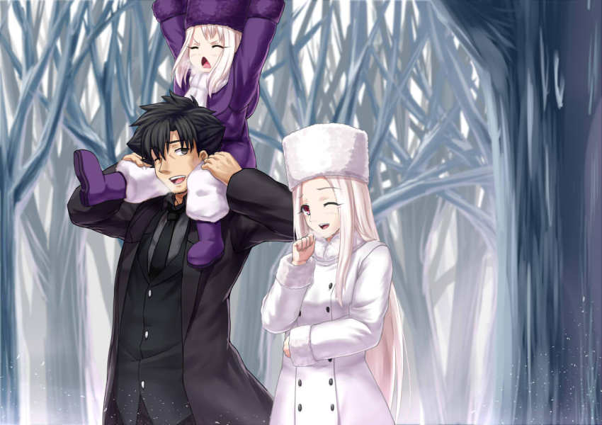 1boy 2girls age_difference bare_tree bible_(pixiv) black_eyes black_hair boots breath carrying coat emiya_kiritsugu facial_hair family fate/zero fate_(series) father_and_daughter hat illyasviel_von_einzbern irisviel_von_einzbern kotera_ryou long_hair mother_and_daughter multiple_girls one_eye_closed purple_footwear purple_hat red_eyes shoulder_carry stubble tantrum tree white_hair wink winter_clothes