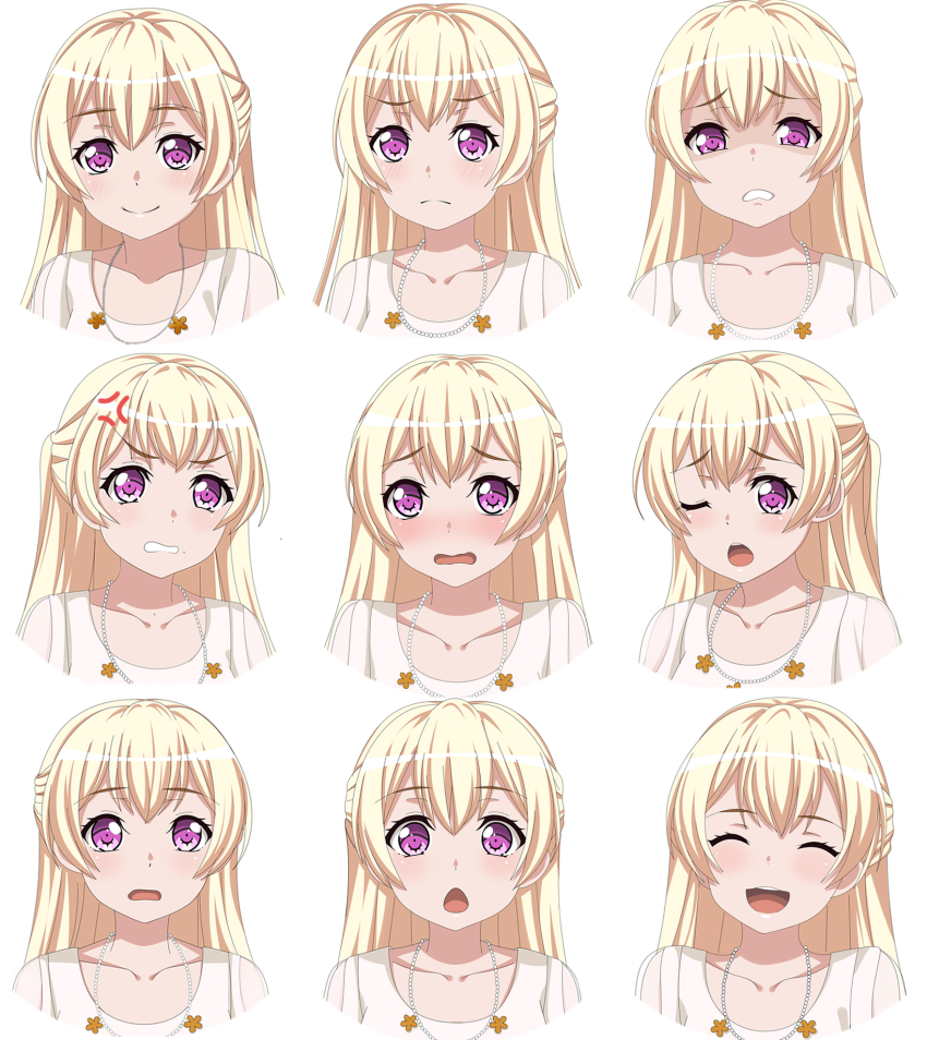 1girl ^_^ anger_vein angry bang_dream! blonde_hair blush closed_eyes closed_mouth collarbone commentary english_commentary expressions fries_vanquisher gloom_(expression) half_updo highres jewelry long_hair multiple_views necklace one_eye_closed open_mouth purple_eyes shirasagi_chisato sidelocks simple_background smile teeth upper_teeth_only white_background