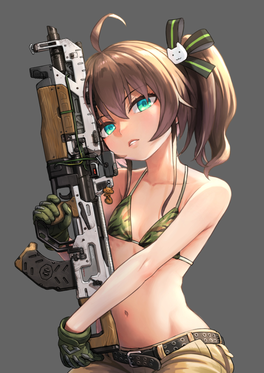 1girl ahoge apex_legends assault_rifle belt bikini bikini_top_only black_belt blue_eyes brown_hair brown_pants bullpup camouflage camouflage_bikini flat_chest gloves green_bikini green_gloves grey_background gun head_tilt highres holding holding_gun holding_weapon hololive looking_at_viewer medium_hair natsuiro_matsuri pants parted_lips ribbon rifle sabaku_chitai simple_background sitting solo swimsuit trigger_discipline two-tone_ribbon virtual_youtuber vk-47_flatline weapon weapon_request