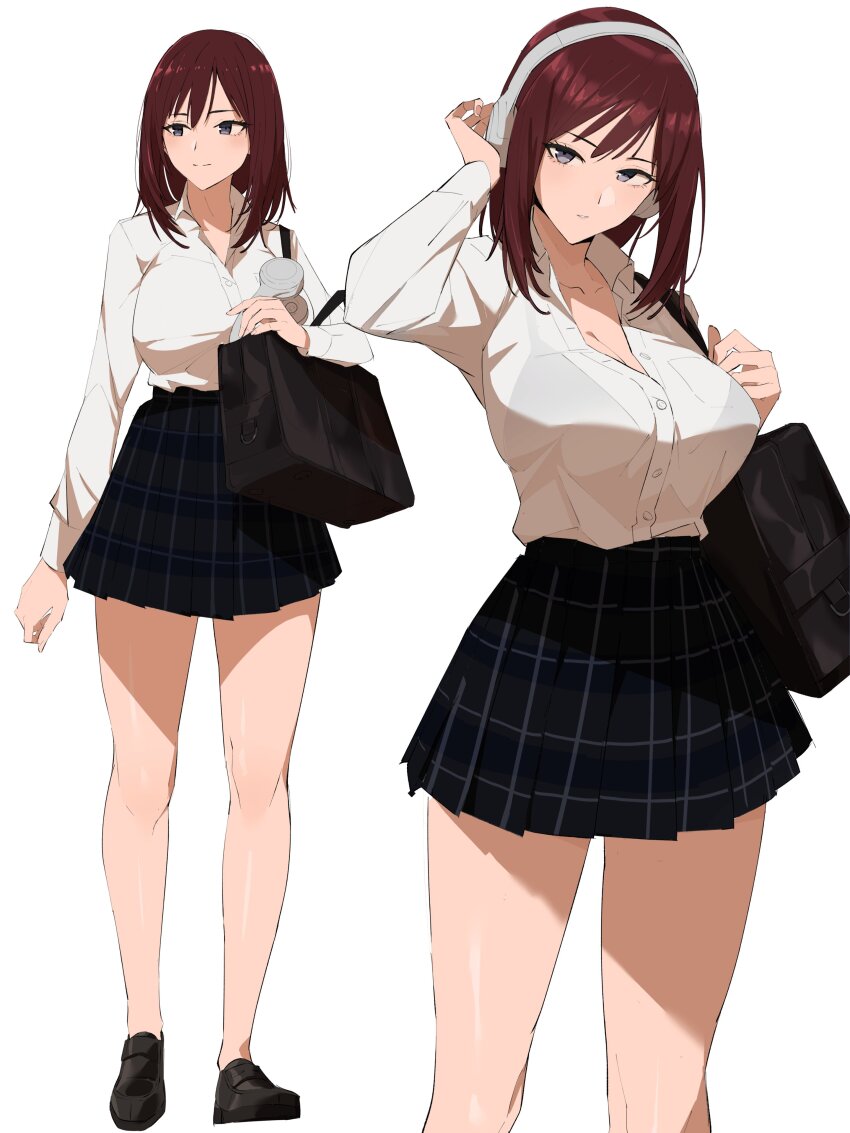 1girl absurdres adjusting_hair bag bare_legs black_footwear black_skirt blue_eyes blush bra_visible_through_clothes breasts cleavage closed_mouth collared_shirt commentary dress_shirt expressionless full_body headphones highres holding holding_headphones large_breasts light_smile loafers long_sleeves looking_at_viewer medium_hair miniskirt multiple_views original parted_lips partially_unbuttoned pen_guin15 plaid_clothes plaid_skirt pleated_skirt red_hair school_bag shirt shirt_tucked_in shoes simple_background skirt standing white_background white_headphones white_shirt wing_collar