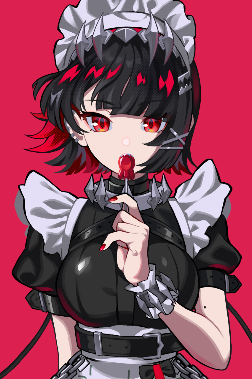 1girl absurdres black_hair bow breasts candy colored_inner_hair ellen_joe food highres holding holding_candy holding_food holding_lollipop kurenairan77 large_breasts lollipop looking_at_viewer maid maid_headdress mole mole_on_arm multicolored_hair red_background red_bow red_eyes red_hair short_hair simple_background solo teeth two-tone_hair upper_body upper_teeth_only zenless_zone_zero