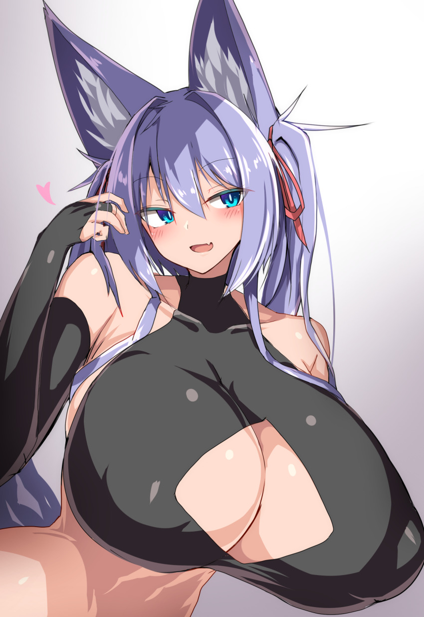 1girl absurdres animal_ears blue_eyes breasts cleavage_cutout clothing_cutout covered_erect_nipples detached_sleeves fingerless_gloves gloves highres huge_breasts indigo_(tylwing) midriff original purple_hair ribbon seductive_smile smile standing tail twintails tylwing white_background