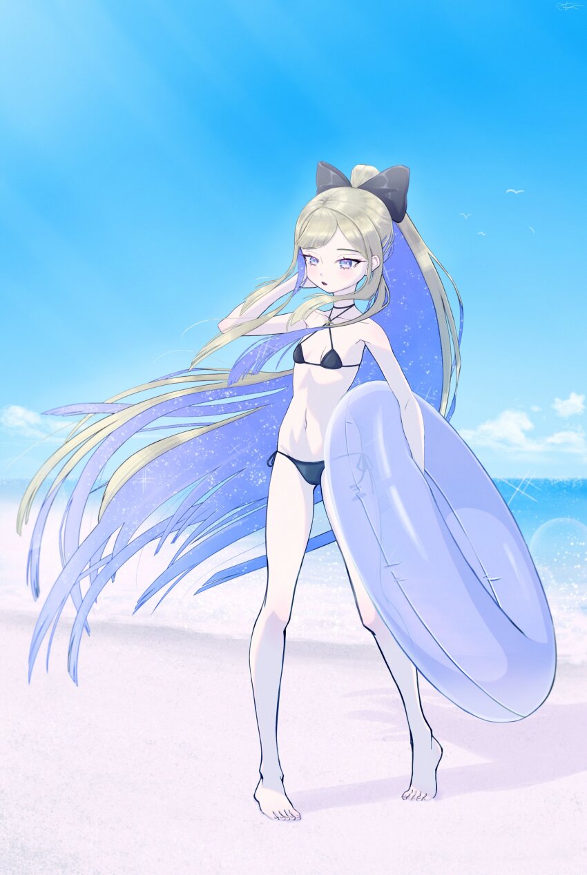 amanogawa_shiina armpits beach bikini black_bikini blonde_hair bow breasts feet flat_chest long_hair midriff navel pale_skin phase_connect ponytail purple_eyes small_breasts swimsuit toes