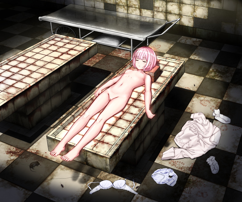 1girl absurdres autopsy autopsy_table bra breasts checkered_floor closed_eyes corpse death highres indoors morgue nude panties pink_hair short_hair small_breasts underwear wocheng_(artist)