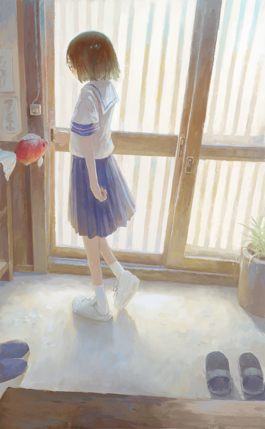 1girl animal blue_skirt brown_hair door fish fjsmu flying_fish glasses goldfish highres original plant pleated_skirt potted_plant sailor_collar scenery school_uniform serafuku skirt sliding_doors solo white_sailor_collar white_sneakers