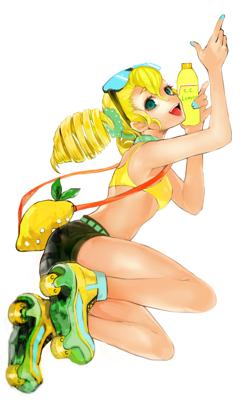 1girl armpits bad_id bad_pixiv_id bare_shoulders belt bikini bikini_top_only blonde_hair c.c._lemon c.c._lemon_(character) denim denim_shorts drill_hair eyewear_on_head female_focus food fruit green_eyes highres inline_skates legs lemon midriff nail_polish open_mouth roller_skates shiny_skin shorts skates solo sunglasses swimsuit tcb yellow_bikini