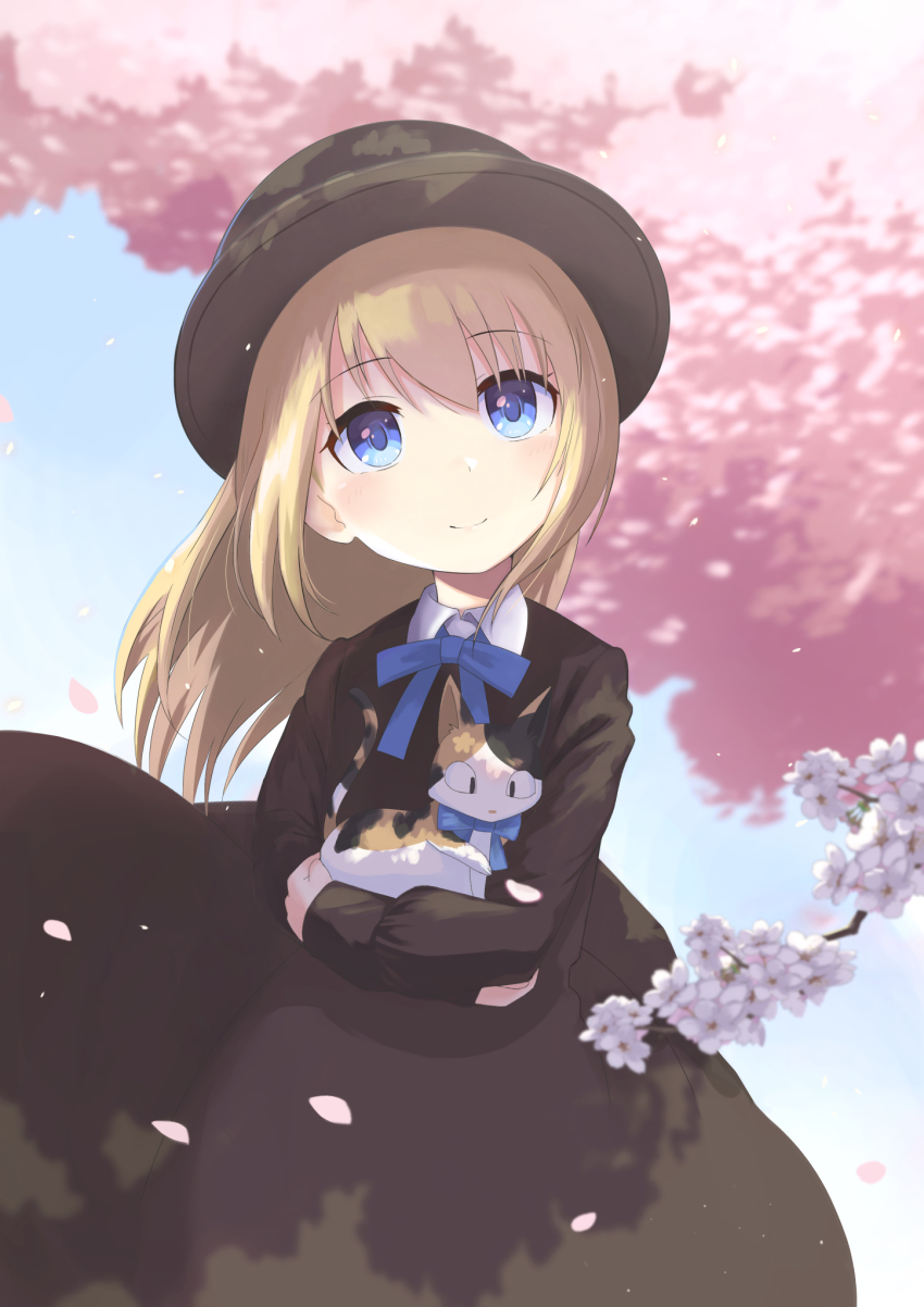 1girl animal black_dress blonde_hair blue_eyes bow bowtie branch cat cherry_blossoms closed_mouth crossed_arms dress hat highres holding holding_animal holding_cat long_hair long_sleeves moe2020 original petals smile solo split_mouth suezu1022