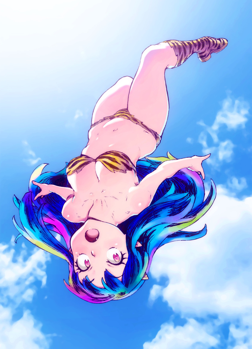 1girl animal_print bikini blue_hair blue_sky blush boots breasts cleavage cloud cone_horns flying gradient_hair highres hijiri_rei horns long_hair lum medium_breasts multicolored_hair navel oni open_mouth outdoors pink_eyes print_bikini print_footwear purple_hair sky solo strapless strapless_bikini sun sunlight swimsuit tiger_print upside-down urusei_yatsura