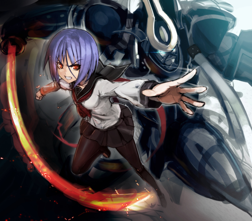 1girl angry ayane_ichijou black_skirt blue_eyes clenched_teeth eyes_visible_through_hair glowing glowing_eyes hair_between_eyes holding holding_sword holding_weapon katana mecha ookuma_nekosuke orange_eyes purple_hair red_neckwear robot school_uniform skirt soukou_akki_muramasa sword teeth weapon