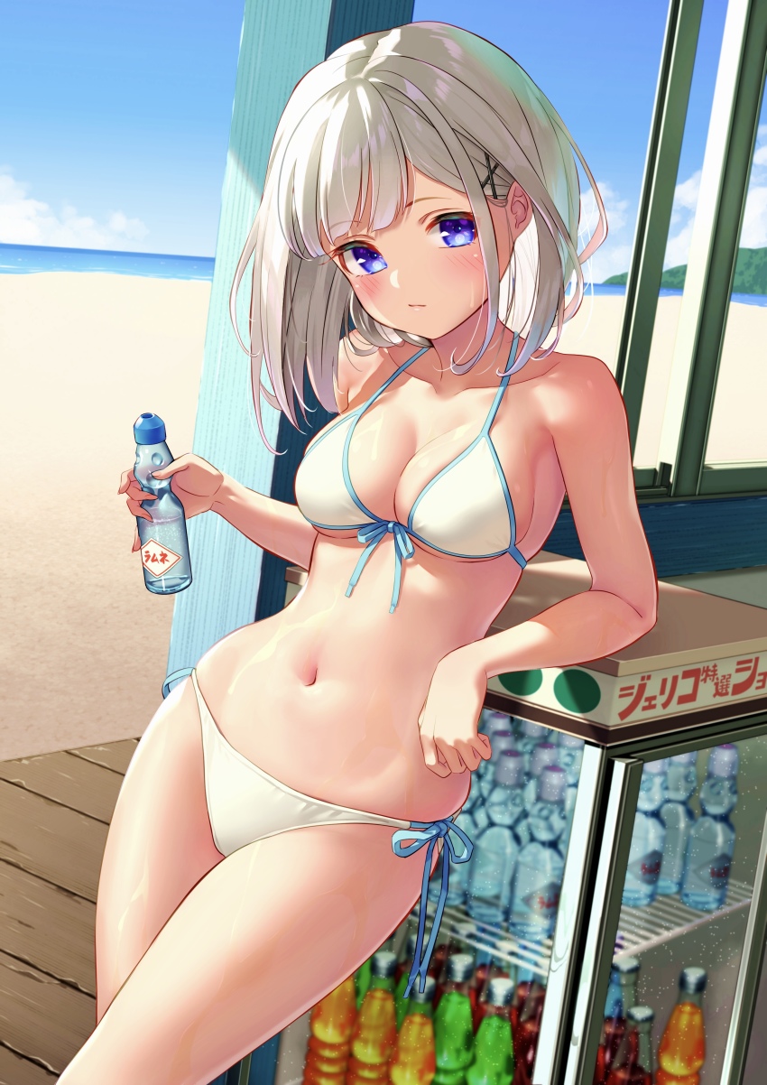 1girl :/ absurdres beach bikini blue_eyes blue_sky blush bottle breasts cleavage closed_mouth collarbone cowboy_shot drink elbow_rest front-tie_top hair_ornament halterneck highres holding holding_bottle holding_drink leaning_on_object looking_at_viewer medium_breasts medium_hair navel ocean original outdoors ramune refrigerator sand side-tie_bikini_bottom sidelocks sky standing stomach string_bikini swept_bangs swimsuit thighs white_hair x_hair_ornament yoko-ya_manjirou