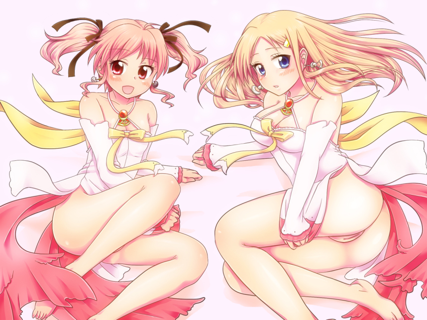 2girls agnes_boulange ass bare_legs barefoot blonde_hair blue_eyes bow breasts brown_hair carina_verritti earrings jewelry long_hair multiple_girls no_panties open_mouth pussy shinkai_kiiro shukufuku_no_campanella sinkaikiiro smile twintails uncensored