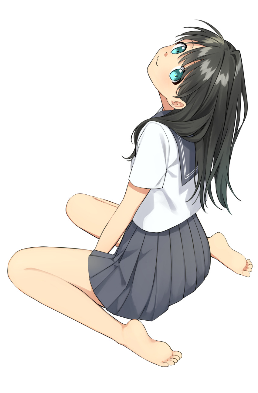 1girl asuka_gin barefoot black_hair blue_eyes feet highres long_hair looking_at_viewer school_uniform serafuku smile soles toes