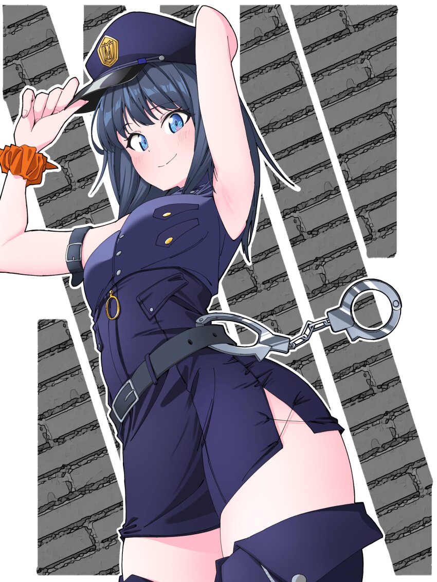 1girl absurdres black_hair blue_eyes blush breasts cuffs female_service_cap gridman_universe gridman_universe_(film) handcuffs hat highres isme long_hair looking_at_viewer medium_breasts pencil_skirt police police_badge police_hat police_uniform policewoman scrunchie skirt solo ssss.gridman takarada_rikka thighs