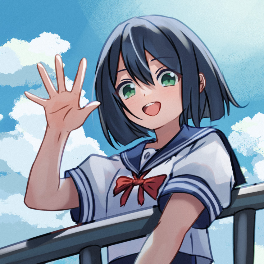 1girl :d against_railing aoi_saki_(senpai_wa_otokonoko) black_hair blue_sailor_collar blue_sky blunt_ends bow bowtie chunjiu cloud cloudy_sky cropped_shirt day green_eyes hair_between_eyes hand_up highres looking_at_viewer open_mouth outdoors railing raised_eyebrows red_bow red_bowtie sailor_collar school_uniform senpai_wa_otokonoko shirt short_hair sidelocks sky smile sunlight tareme teeth upper_body upper_teeth_only waving white_shirt