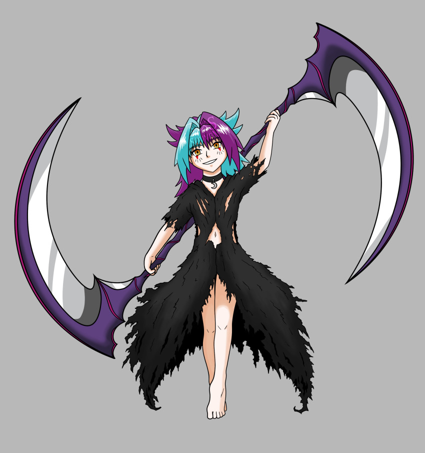 1boy absurdres bakuten_shoot_beyblade_rising barefoot beyblade beyblade_rising blue_hair collar deviantart_username full_body hair_intakes highres holding holding_scythe kagami_futsuki medium_hair purple_hair scythe smile trap watermark yellow_eyes zaxs_souven