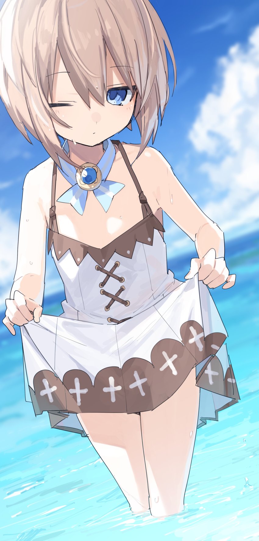 absurdres bare_shoulders blanc_(neptunia) blue_eyes blue_sky breasts brown_hair buran_buta cloud dipping dress dripping frown highres neptune_(series) ocean one_eye_closed ribbon short_hair skirt sky small_breasts thighs water wet