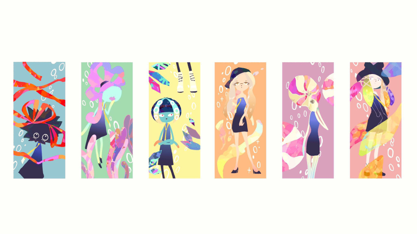 6+girls aqua_skin black_dress black_footwear blonde_hair brown_hair bubble colored_skin domino_mask dress fufuyura highres karen_(splatoon) kitamura_(splatoon) mask maya_(splatoon) multicolored_hair multiple_girls nautilus_(animal) necktie nintendo no_mouth oonie_(splatoon) orange_hair pink_hair purple_hair red_ribbon ribbon shoes splatoon_(series) splatoon_2 tentacle_hair white_footwear yellow_necktie yoko_(splatoon) zuzu_(splatoon)